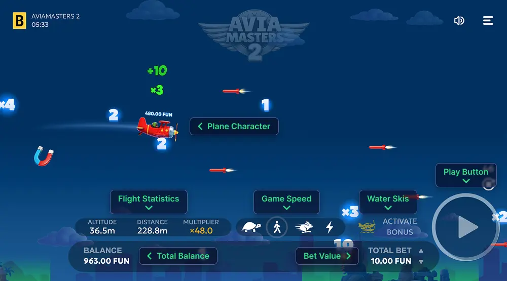 Avia Masters 2 gameplay screenshot with labels